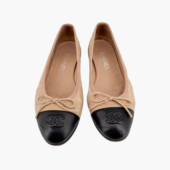 Chanel CC Cap Toe Ballet Flats EU 37.5 US 6.5-7 Beige Suede & Black Two Tone - Picture 3 of 16